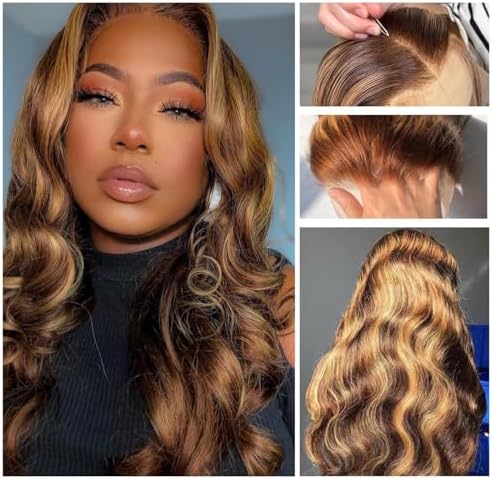 ALHER Honey Blonde Highlight Small Cap Lace Front Wigs Human Hair #4/27 Balayage Body Wave 13X4 Lace Frontal Wigs With Baby Hair 150% Density 18 IN - Image 2