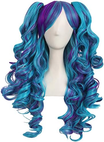 MapofBeauty Lolita Long Curly Clip on Ponytails Cosplay Wig, Purple/Teal by MapofBeauty