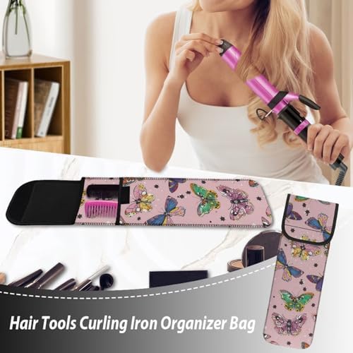 1 Piece Pink Butterfly Flat Iron Curling Wand Travel Cover Case Bag Curling Wand Travel Case Universal Case Heat Resistant Bag Lavender Long-Term Use - Image 5