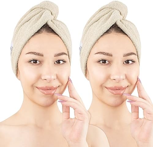 American Soft Linen 100% Cotton Hair Towels for Women, Head Towel Cap, Cotton Hair Turban Towel Wrap for Long Curly Anti Frizz Hair, Soft and Absorbent Cotton Hair Towels 2 Pack, Beige by AmericanSoftLinen