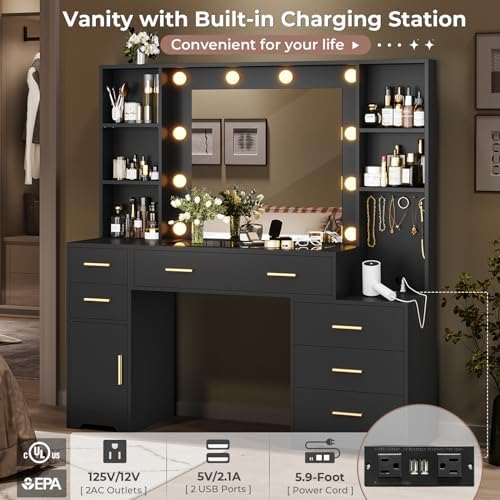Hasuit 48.8'' Large Vanity Desk with Lighted Mirror & Power Outlet, Black Makeup Vanity Table with 6 Drawers, 4 Shelves and 1 Storage Cabinet, Glass Tabletop Bedroom Dressing Table, 3 Lighting Modes - Image 4