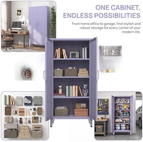 61" H Tall Lockable Steel Storage Cabinet with 2 Doors and 3 Adjustable Shelves,4-Tier Freestanding Metal Locker for Home,Office,Living Room,Gym,Purple 27.6" W x 13.8" D - Image 6