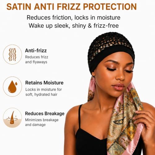 2 in 1 Wrap Cap Hair Net and Scarf for Silk Press, Satin Wrap Cap Bonnet for Women, Adjustable Stay-On Sleep Hair Net Scarf for All Hair Types - Image 3
