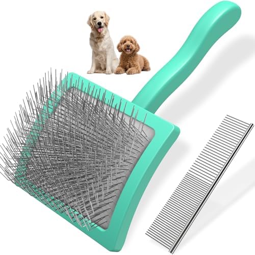 2PCS Slicker Brush for Dogs & Pet Comb,Professional Dog Grooming Brush (Goldendoodles,Poodles,Labradoodles) with Extra Long Pins to Effectively Remove Tangles, Knots and Mats (Cyan, Large) by Unknown