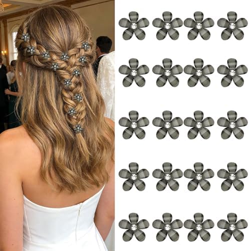 YISSION 20Pcs Mini Olive Green Plaid Flower Hair Clips, Rhinestone Decorative Hair Pins for Women and Girls Wedding Bridal Prom Daily Hairstyle Accessories by YISSION