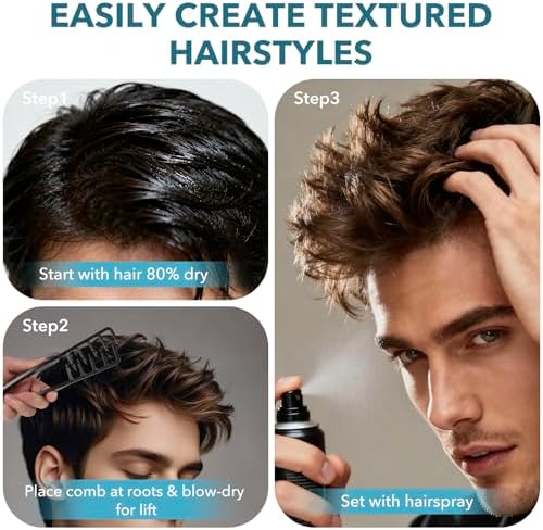 Texture Comb,Volumizing Fluffy Texture Styling Comb,Men’s Voluminous Wide-Toothed Hair Comb,Wide-Tooth Texturizing Styling Tool for Volume & Fringe Parting,Textured Grip Tool for Men (Grey+Black) - Image 4
