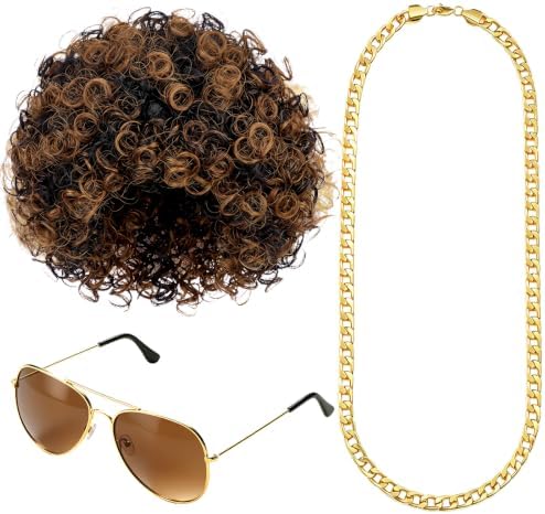Gejoy Mens Disco Costume Set, 70s Afro Wig Glasses Chain, Brown Black Hair by Unknown