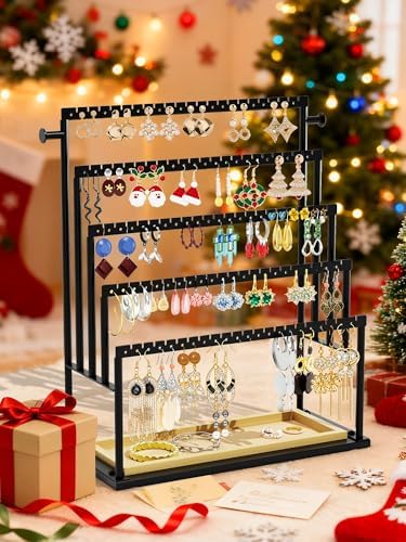 Earring Holder Organizer, 5-Tier Jewelry Display Stand with Matte Black Metal Frame and Wooden Tray, Large Earring Holder for Studs, Hoops, Dangles, Modern Jewelry Organizer for Women - Image 6