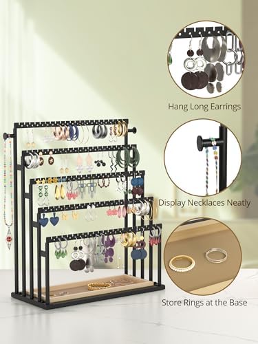 Earring Holder Organizer, 5-Tier Step Jewelry Display Stand with Metal Frame and Wooden Storage Organizer, Large Earring Holder for Studs, Hoops, Dangles, Modern Jewelry Organizer for Women - Image 3