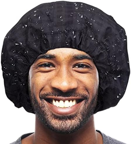 Shower Cap for Men Black Bath Cap, Reversible Large Waterproof Adjustable Shower Caps Terry Lining & Elastic Band Stretch Hem Hair Hat - Image 7