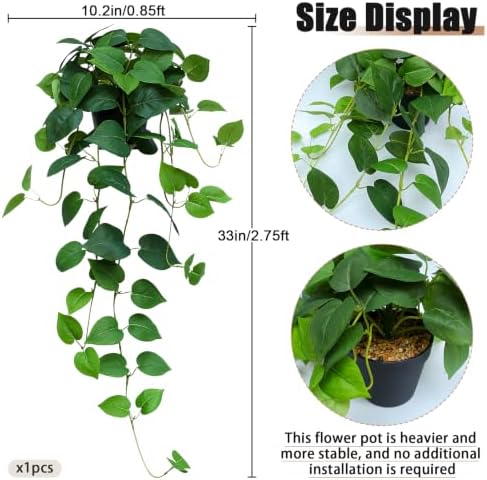 Fake Pothos Hanging Plants, 33" Potted Artificial Hanging Plant, Faux Pothos Silk Vines Hanging Plant Greenery for Home Living Room Indoor Decor - Image 6