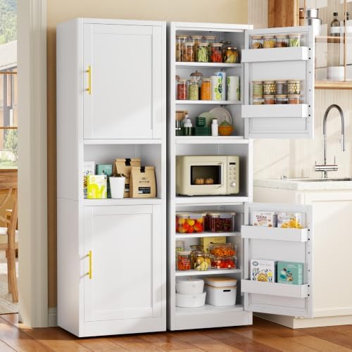 Tall Metal Narrow Storage Cabinet 67" H with 4 Adjustable Shelves and 2 Doors, White Pantry Cabinets with 4 Door Storage Compartment,Tall Bathroom Cabinet for Kitchen, Home Office, Living Dining Room by BAOLIWO
