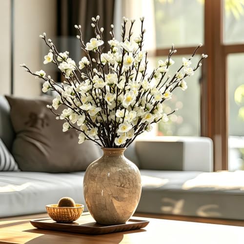 Artificial Cherry Flowers Branches 10PCS Silk Cherry Blossom Tree Stems Faux Cherry Flowers Vase Arrangements for Home Indoor Decoration Vase Table Living Room Bedroom Spring Decor (White) - Image 3
