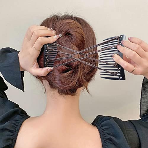 3 Pieces Elastic Magic Hair Comb Stretchy Double Comb Hair Forks Clips for Women Beaded Hairpins Girls Vintage Hairstyle Multipurpose Hair Accessories (Brown Black Navy) - Image 2