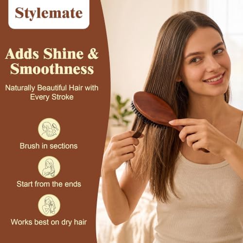 Stylemate Boar Bristle Hair Brush Smooth Shine Detangler for All Hair Types - Image 5