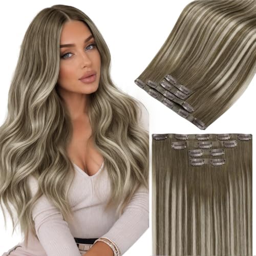 LaaVoo Seamless Clip in Hair Extensions Human Hair Balayage Hair Extensions Clip ins Brown Mix Platinum Blonde Balayage PU Weft Human Hair Clip in Extension 14Inch 4PCS 75g by LaaVoo