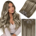 LaaVoo Clip in Hair Extensions Seamless Ombre Light Brown with Blonde Seamless Hair Extensions Clip in Human Hair Balayage PU Weft Clip ins Hair Extension Full Head 16 Inch 4PCS/85G by LaaVoo
