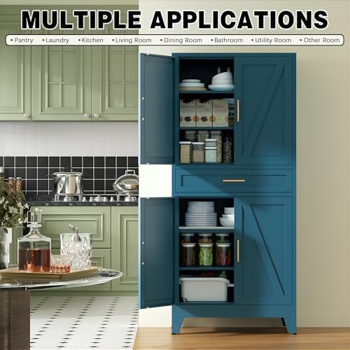 COFaR Farmhouse Storage Kitchen Pantry Cabinet with 4 Barn Door, 4 Adjustable Shelves, Drawer and Legs, for Cupboard/Dining Room/Bathroom/Living Room/Office/Laundry Room(Blue Green, 71" Metal Cabinet) - Image 3