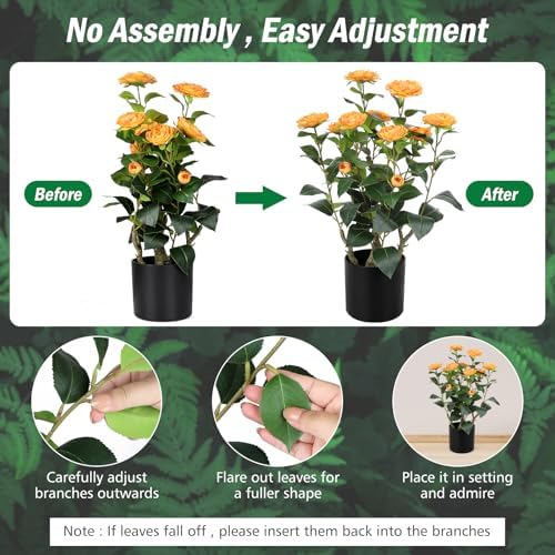 Romantic Season 2FT Orange Artificial Camellia Tree 2Pack, Faux Camellia Plant Fake Potted Camellia Flower Tree for Modern Home Office Living Room Floor Décor - Image 6