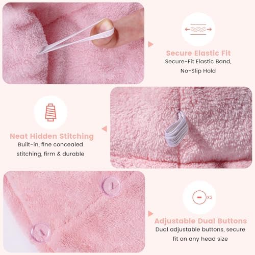 2 Pack Microfiber Hair Towel Wrap for Women, Large Fast Drying Hair Towel Turban, Ultra Soft Thick Anti-Frizz, Double Stitched Edges & Stay in Place No Slip Design for Curly Long Wet Hair(Pink/Blue) - Image 3