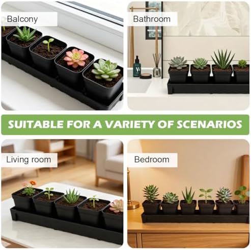 RooTrimmer 10 Pack Plastic Windowsill Saucer with 2.8 inch (7CM) Square Nursery Pots 60pcs, Rectangular Window Sill Plant Pot Trays with Removable Drainage Hole, Thick Plant Saucer Tray (Black) - Image 5