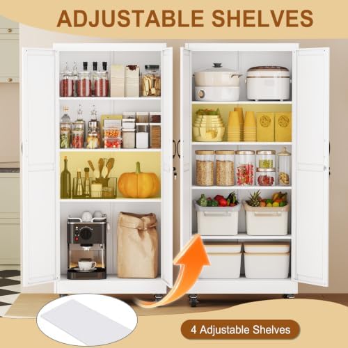 71" Metal Garage Storage Locker Cabinet with Wheels,Rolling White Lockable Tool Cabinet with 2 Doors and 4 Adjustable Shelves, Steel Office File Cabinet for Home Office Warehouse Gym - Image 5