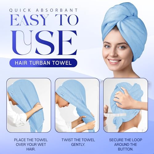 Lili&James Cotton Hair Towel Wrap for Women/Kids | Quick Dry, Soft & Absorbent Hair Wrap Towels with Double Button (Pack of 1, Blue Large) - Image 4