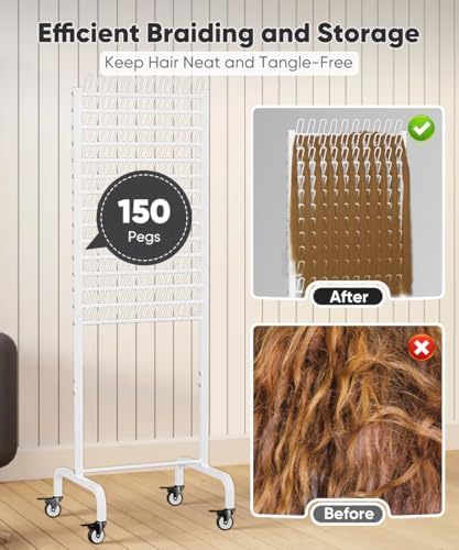 150 Pegs Braiding Hair Rack, Adjustable Hair Separator Stand with Wheels, Hair Extension Holder for Hair Stylists, Braiders, Home, Salon, Beauty School, White - Image 3