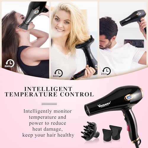 VAGARY Hair Dryer with Diffuser Concentrator, 2200W Professional Salon Ionic Blow Dryer for Frizz Free Smooth Hair, Featuring 2 Speeds and 2 Heat Settings, Cool Shot Button（Gold） - Image 2