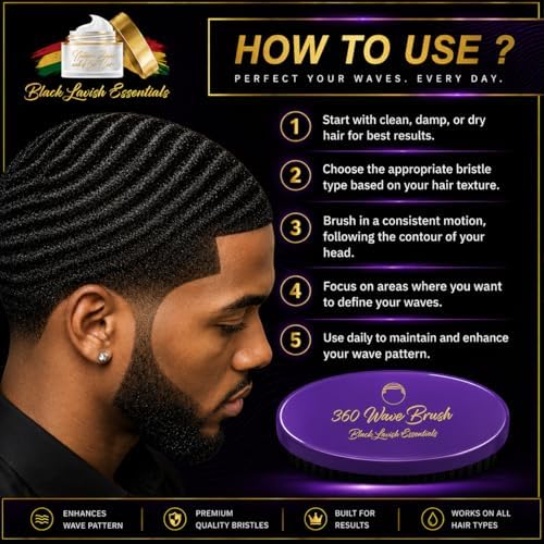 360 Wave Brush, Build Deeper Waves, Soft & Hard Boar Bristle Curved Brushes BLACK LAVISH ESSENTIALS Gold Bristle (Soft Brush, Purple) - Image 3