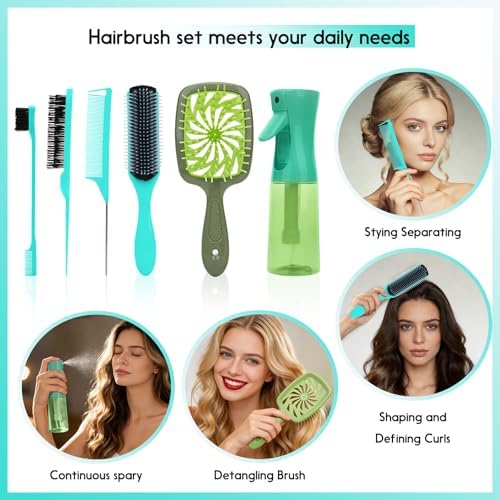 Hair Brush Set with Detangling Brush,Spray Bottle,3 Pieces Rat Tail Combs For Toddlers,Suitable for Pain-Free Brushing on All Wet or Dry Hair Types (Green) - Image 7