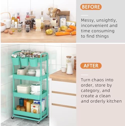 JIUYOTREE 4-Tier Plastic Rolling Storage Cart Utility Cart with Extra Hanging Cups Handles Lockable Wheels for Living Room Bathroom Kitchen Office Green - Image 5