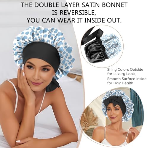 Satin Hair Braid Bonnet for Sleeping Double Layer Elastic Wide Soft Tie Band Hair Silk Lined Sleep Cap Women Girls - Image 6