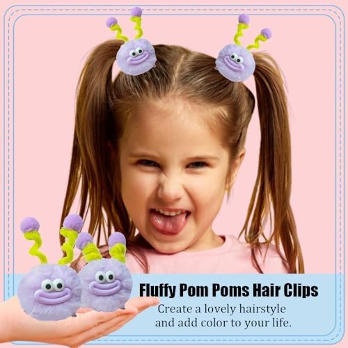 MIUPOO Fluffy Pom Poms Hair Clips,Crazy Hair Day Accessories for Girls,Quirky Little Monster Barrettes,Plush Duckbill Hairpins Hair Barrettes,Party Modeling Hair Accessories,2 Pieces (Purple) - Image 2
