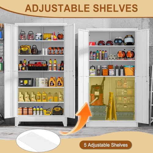 79" White Metal Storage Cabinet with 2 Doors and 5 Adjustable Shelves,Steel Garage Tool Cabinet, File Cabinet,Kitchen Pantry Cabinet for Home,Office,Garage,School,Warehouse - Image 4