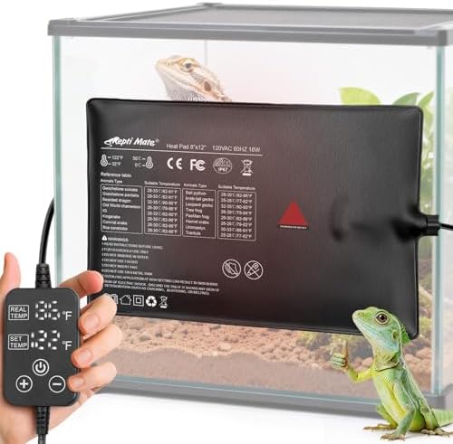 Reptile Heating Pad with Internal Sensor&Thermostat, 8" x 12" 16W Under Tank Heater Mat for 10-40 Gallon Tanks, IP67 Waterproof Safe Heat for Turtles, Bearded Dragons, Snakes, Lizards and Seedling by REPTIMATE