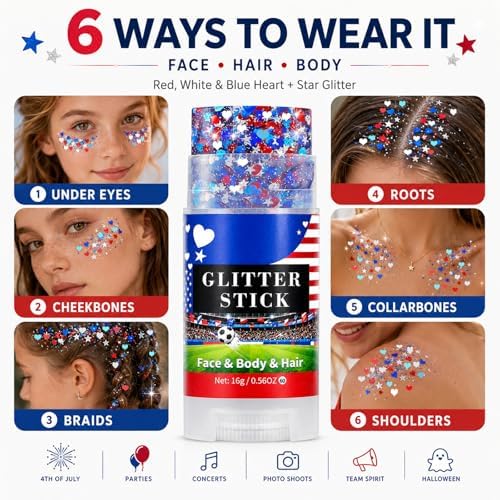 Go Ho Red White and Blue Glitter Stick,Waterproof Star&Heart Face,Body&Hair Glitter,4th of July Accessories,Patriotic USA Flag Sparkle Cheer Glitter Makeup for Soccer Game Independence Day Makeup - Image 4