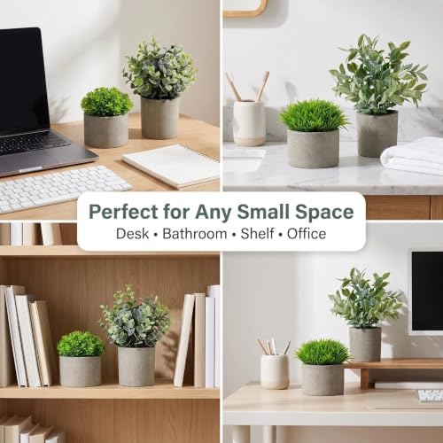 AUUGUU Artificial Potted Plants Faux Greenery in Cement Pots for Shelf, Bookshelf, Office or Home Decor, Small Decorative Fake Plants for Modern Indoor Display - Image 3