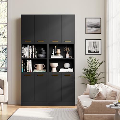 Cozy Castle Kitchen Pantry Cabinet, 75" Tall Wood Storage Cabinet with Doors and Shelves, 4 Doors Open Countertop Utility Hutch Cupboard for Dining Room Living Room Bathroom Furniture, Black - Image 4