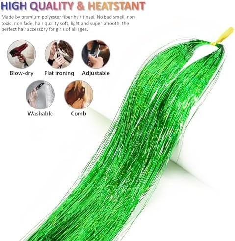 Green Hair Tinsel Kit 48 Inches 1200 Strands with Tools and Instruction Easy to Install Fairy Glitter Tinsel Hair Extensions for Women and Girls，Shinny Sparkling Braiding Hair Accessories - Image 2