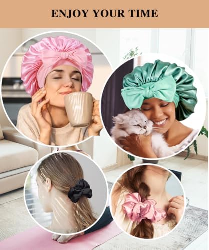 2+3 Large Satin Bonnets with Scrunchies for Women, Hair Bonnet Sleeping Tie Bonnet for Braids Curly Hair - Image 5