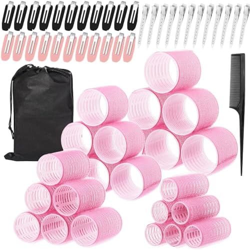 60 Pcs Hair Rollers for Women, Rollers Hair Curlers, 24 Pcs in 4 Sizes(60/48/36/25mm), Self Grip Hair Rollers Set with 34 Pcs Stainless Steel Clips for Long, Medium, Short, Storage Bag, Comb by Unknown