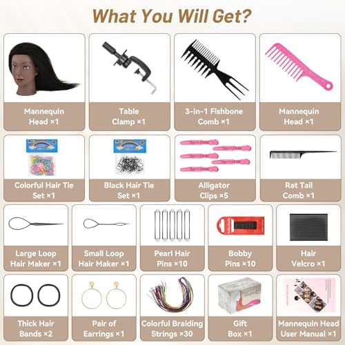 Mannequin Head 100% Human Hair, 18" Manikin Head with Real Human Hair Cosmetology Doll Head for Hairdresser Practice Braiding Hair Styling with Table Clamp Stand, Hair Style Kits - Image 2