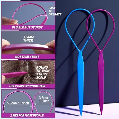 Teenitor 4pcs Pony Hair Tail Accessories, 2 Pairs French Braiding Tool, Turvy Styling Tool for Women Girls, Ponytail Pull Through Tool Purple/Blue - Image 3