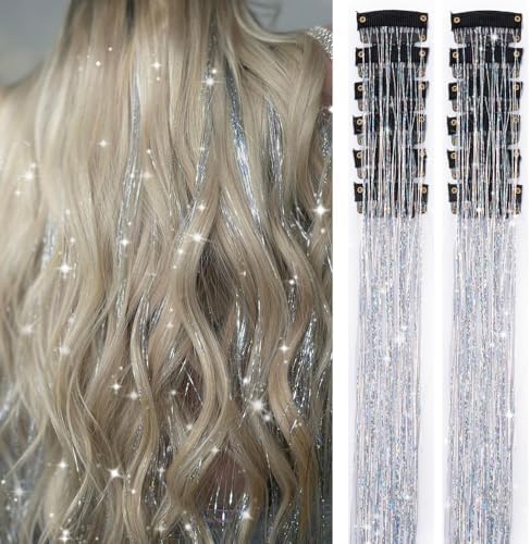 Silver Hair Tinsel 12Pcs Clip in Hair Tinsel Kit 20.5 Inch Fairy Hair Tinsel Kit Heat Resistant Silver Hair Accessories Glitter Hair Extensions for Christmas Halloween Cosplay Party by Ubeleco