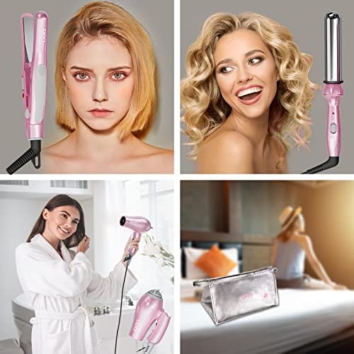 DAN Technology Hair Styling Set, Including Travel Hair Dryer, Mini Flat Iron, and Travel Curling Iron with European Plug, Dual Voltage, Portable Storage Bag, Pink - Image 6