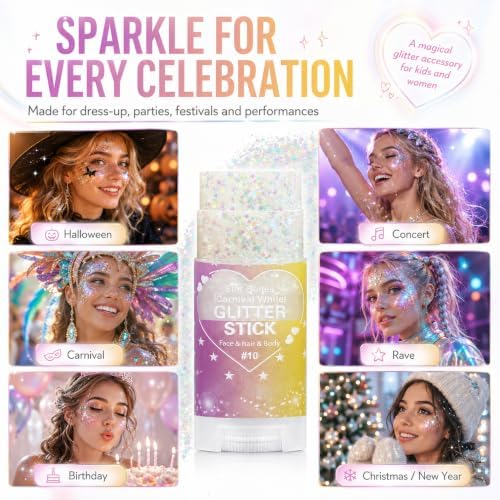 Iridescent White Glitter Stick for Hair Face & Body, Waterproof Chunky Glitter Makeup for Kids and Women, Mermaid Fairy Halloween Costume Outfit Accessories for Festival Rave Concert Carnival Party - Image 7