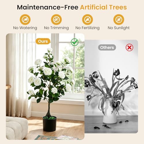 Goplus 35.5’’ Artificial Camellia Tree, Flower Plants Artificial Tree - Image 6