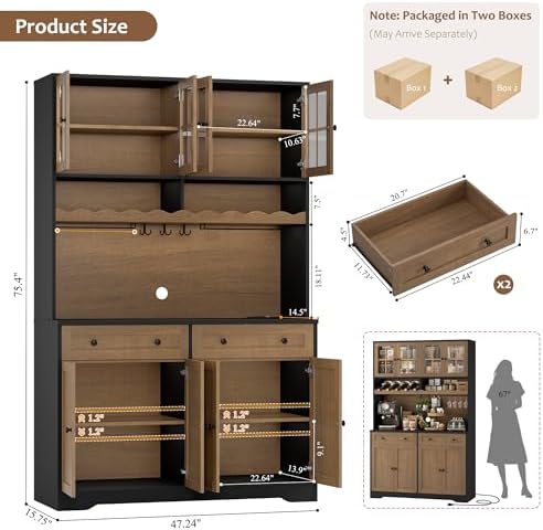 HOSTACK 75" Kitchen Pantry Storage Cabinet, Coffee Bar Hutch Cabinet, Brown - Image 3