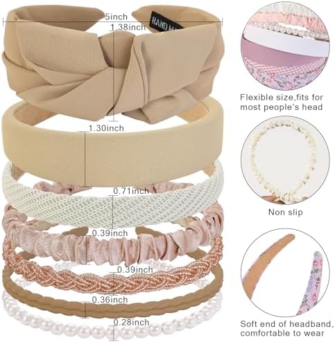 7 Pcs Headbands for Women Girls, Non Slip Cute Pearl Floral Padded Vintage Wide Fashion Multi-style Headbands for Girls - Image 3